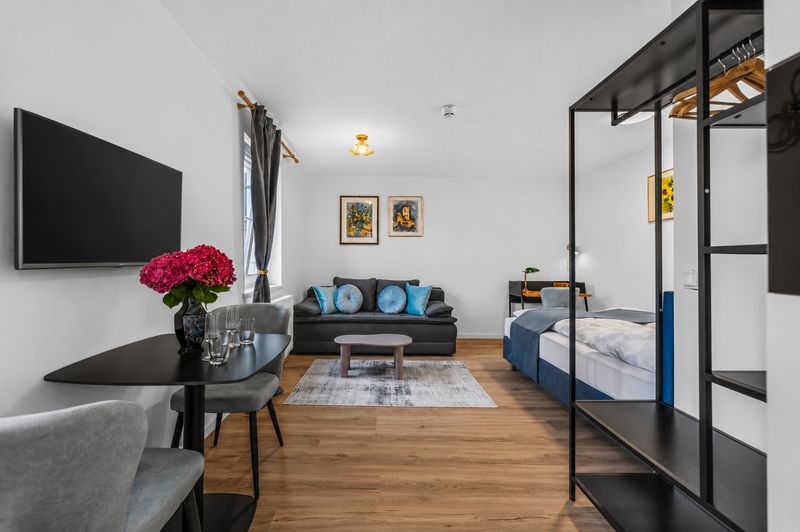 Top 5: living area with TV, dining table and sofa, with the bed behind a clothes rail
