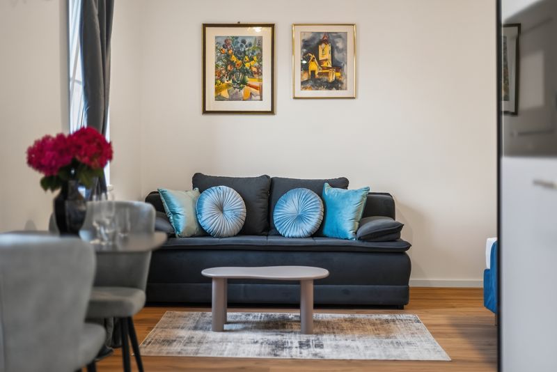 Top 5: dark grey sofa with blue cushions, coffee table and two framed paintings